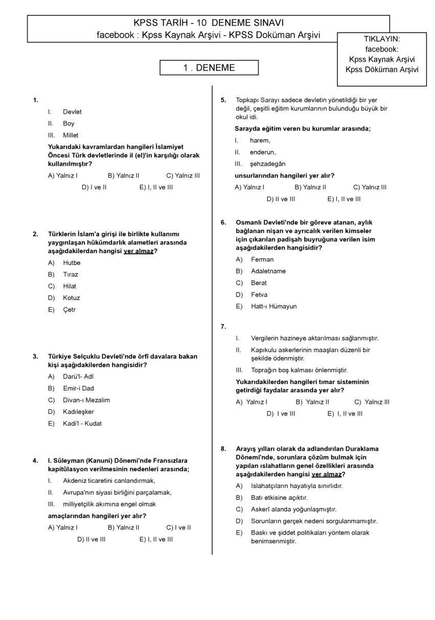 KPSS 2015: 10 Tarih Denemesi PDF – Komisyon