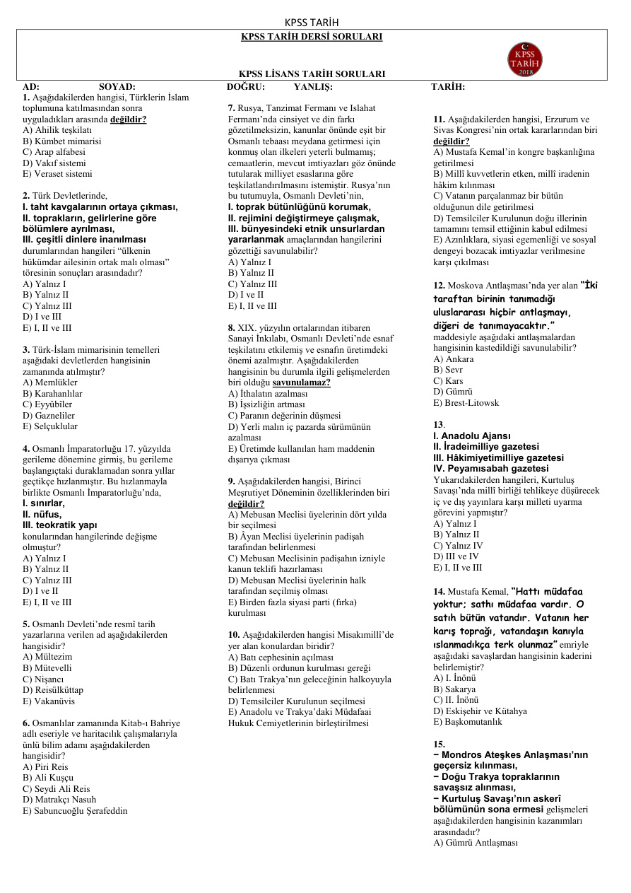 KPSS Lisans Tarih: Soru-Cevap PDF – Komisyon