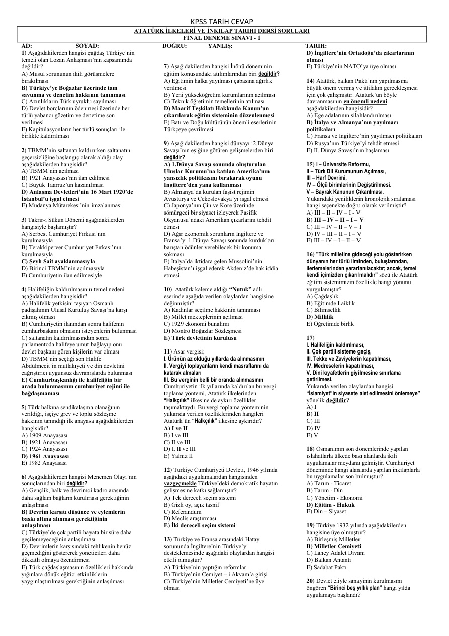 Atatürk İlkeleri ve İnkılap Tarihi (AİİT) II Final Denemesi-1 PDF – Komisyon