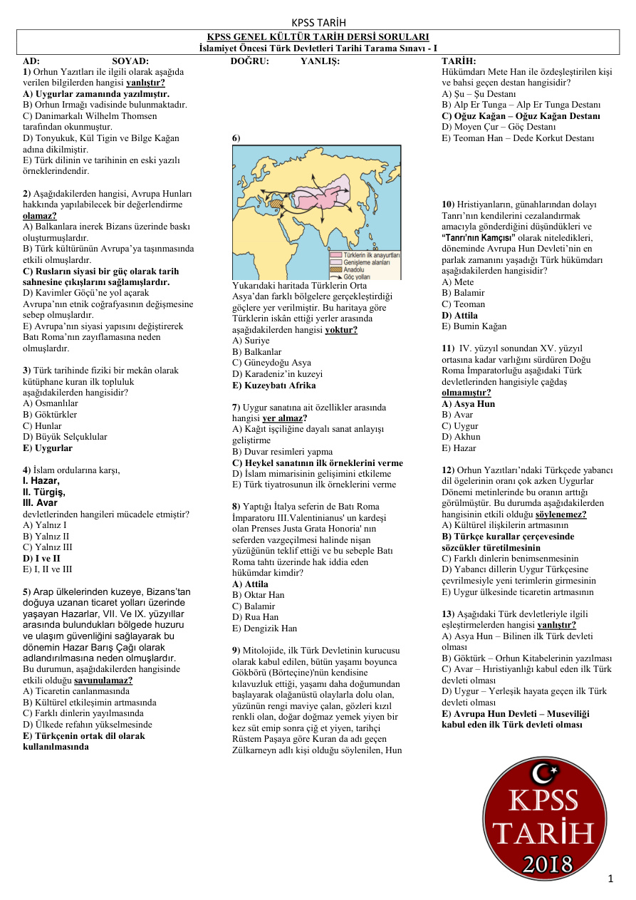 İslamiyet Öncesi Türk Devletleri Tarama Sınavı – I (Cevap Anahtarlı) PDF – Komisyon