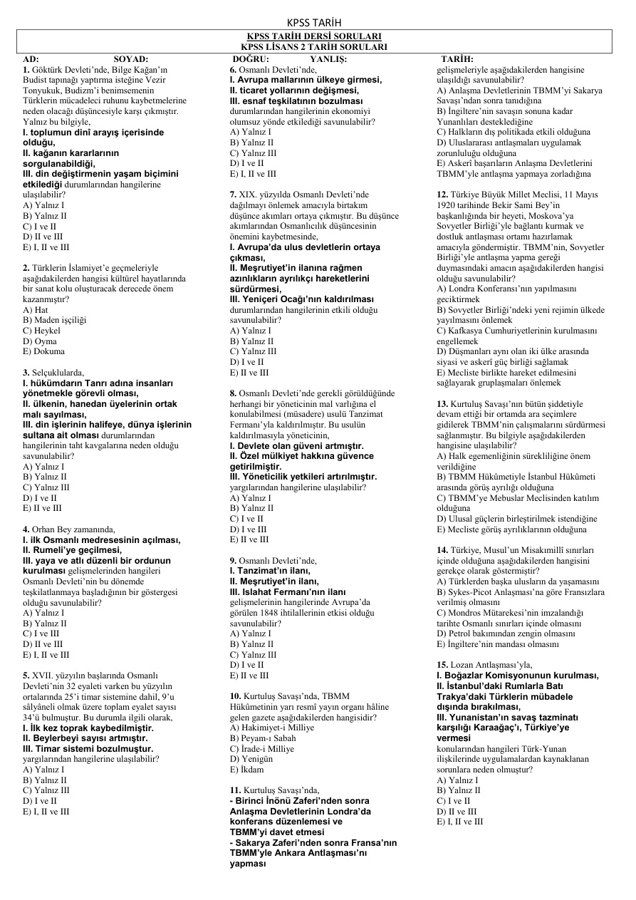 KPSS Tarih Lisans 2: Soru-Cevap PDF – Komisyon
