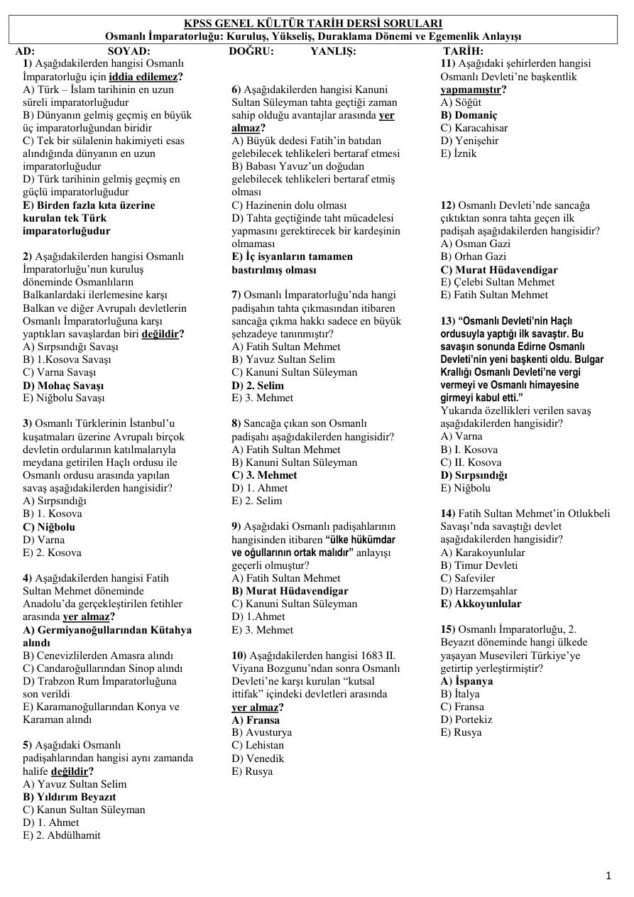 Osmanlı: Kuruluş-Yükselme-Duraklama Soru-Cevap PDF – Komisyon