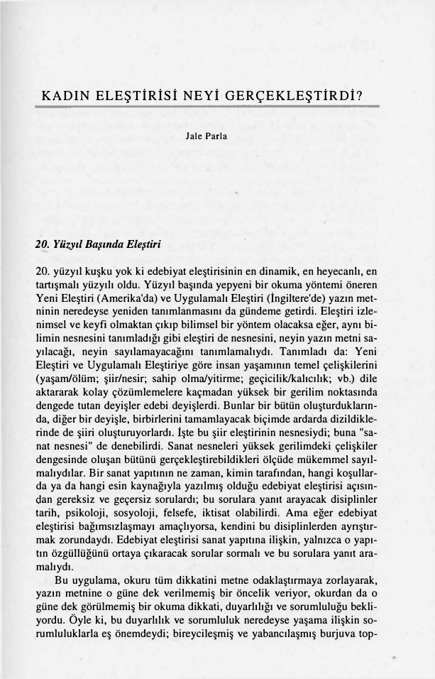 Kadın Eleştirisi Neyi Gerçekleştirdi? PDF – Jale Parla
