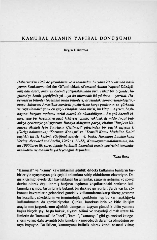 Kamusal Alanın Yapısal Dönüşümü PDF – Jürgen Habermas (Çev: Tanıl Bora)