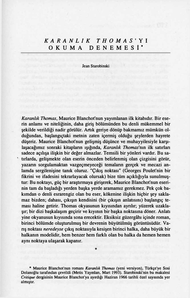 Karanlık Thomas’ı Okuma Denemesi PDF – Jean Starobinski