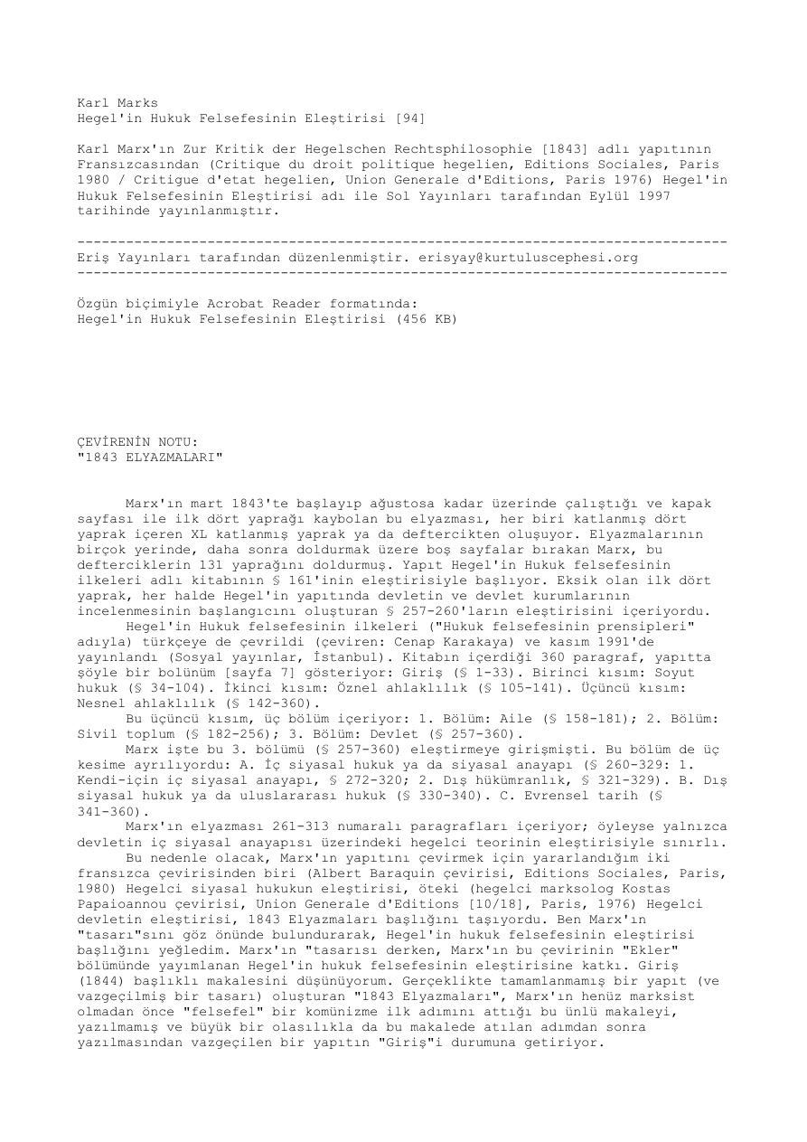 Hegel’in Hukuk Felsefesinin Eleştirisi PDF – Karl Marx