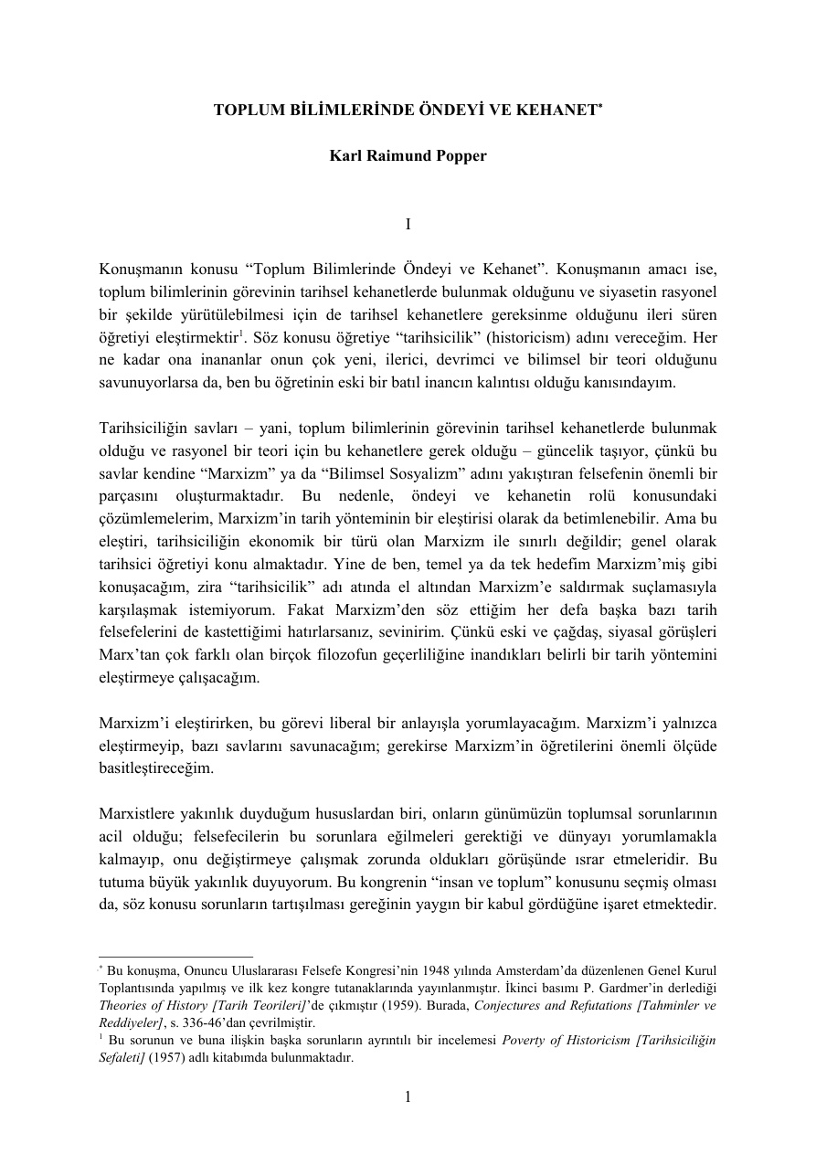 Toplumbilimlerinde Öndeyi ve Kehanet PDF – Karl Popper