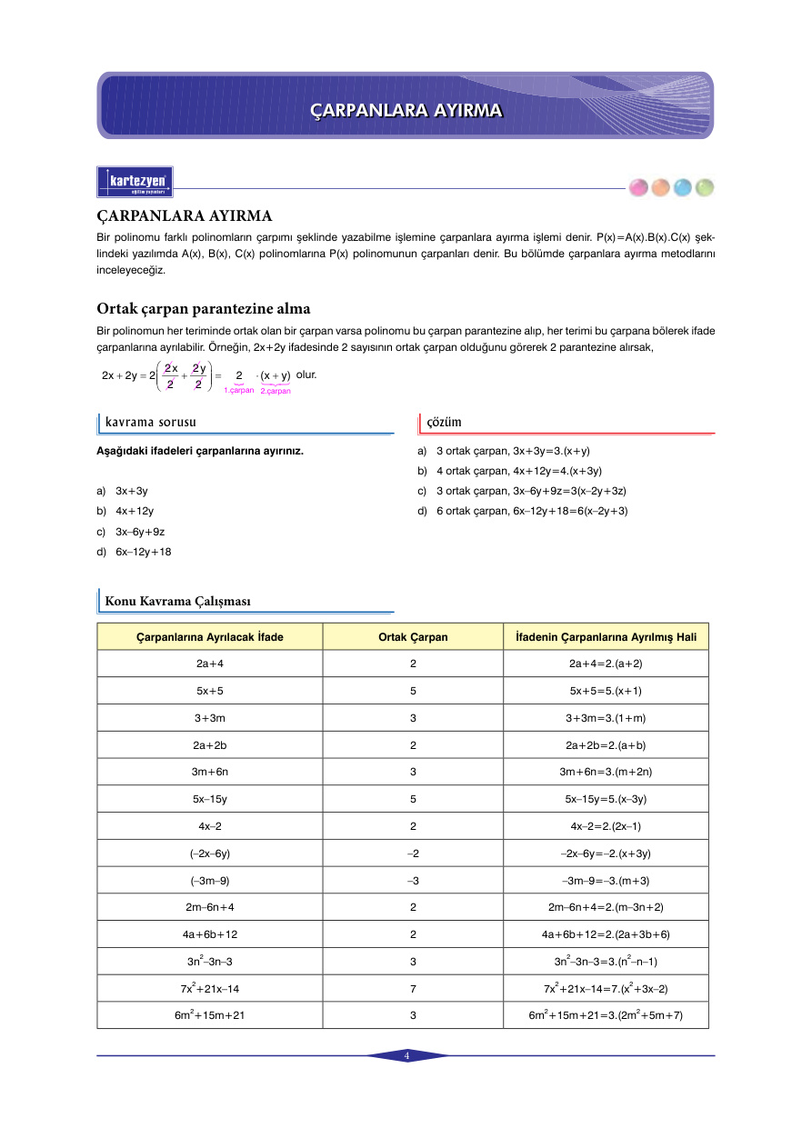 Kartezyen Eğitim Yayınları Çarpanlara Ayırma PDF – Kartezyen Eğitim Komisyon