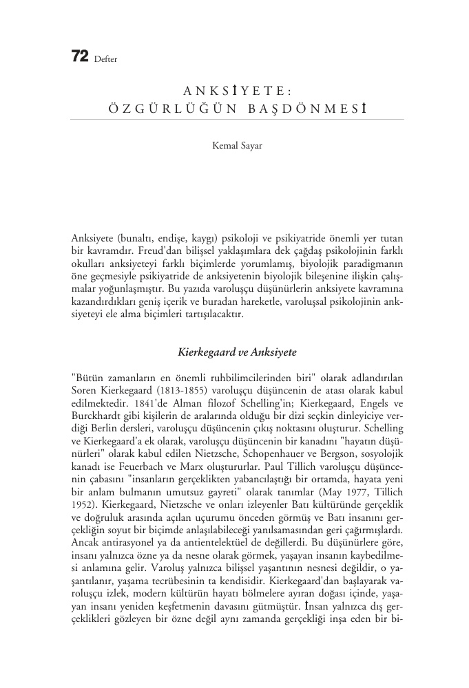 Anksiyete: Özgürlüğün Başdönmesi PDF – Kemal Sayar