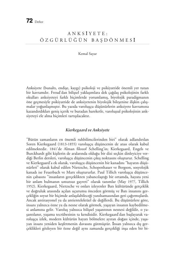 Anksiyete: Özgürlüğün Başdönmesi PDF – Kemal Sayar