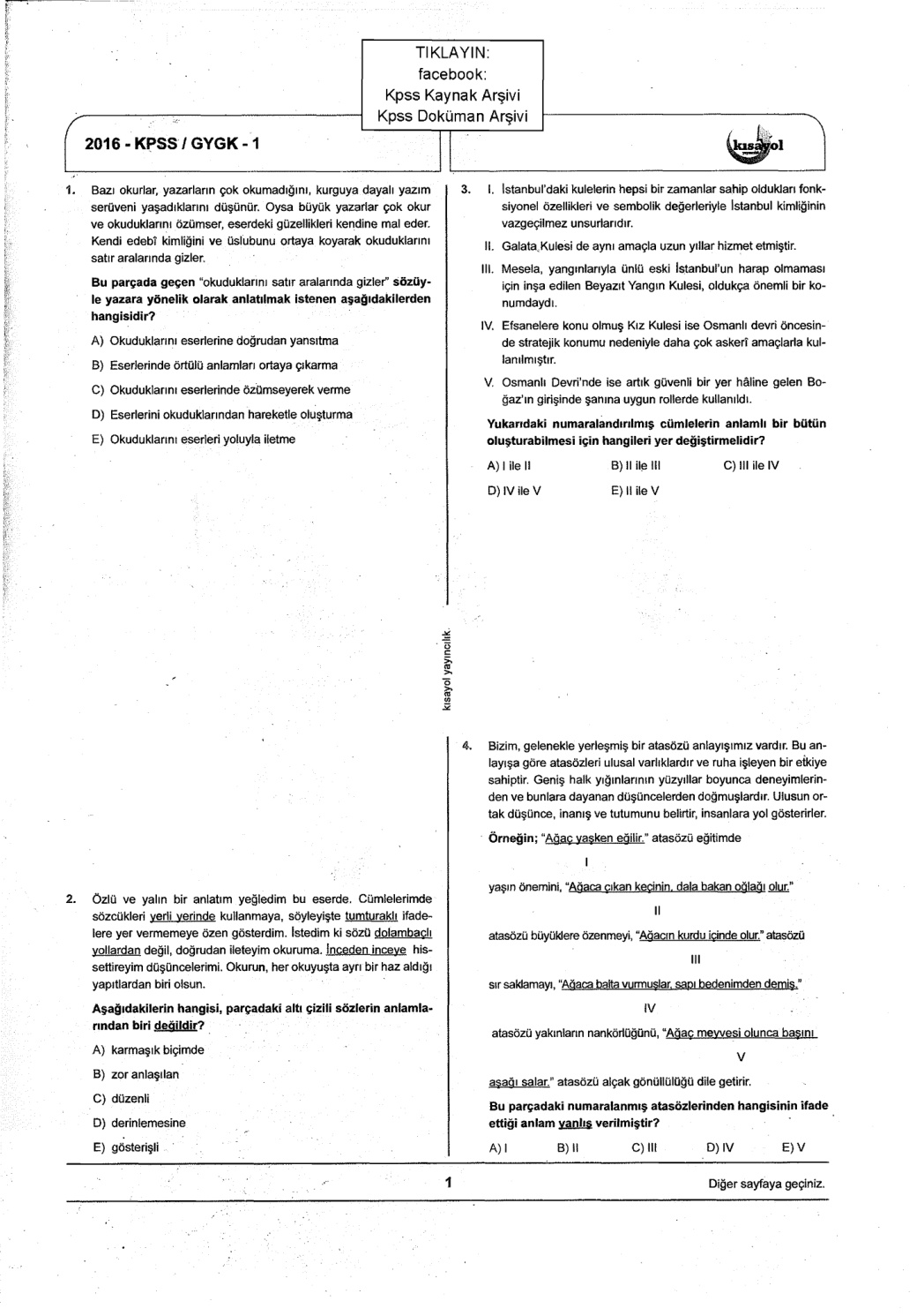 Kısayol 2016 TG-1: Genel Kültür Genel Yetenek PDF – Kısayol Komisyon