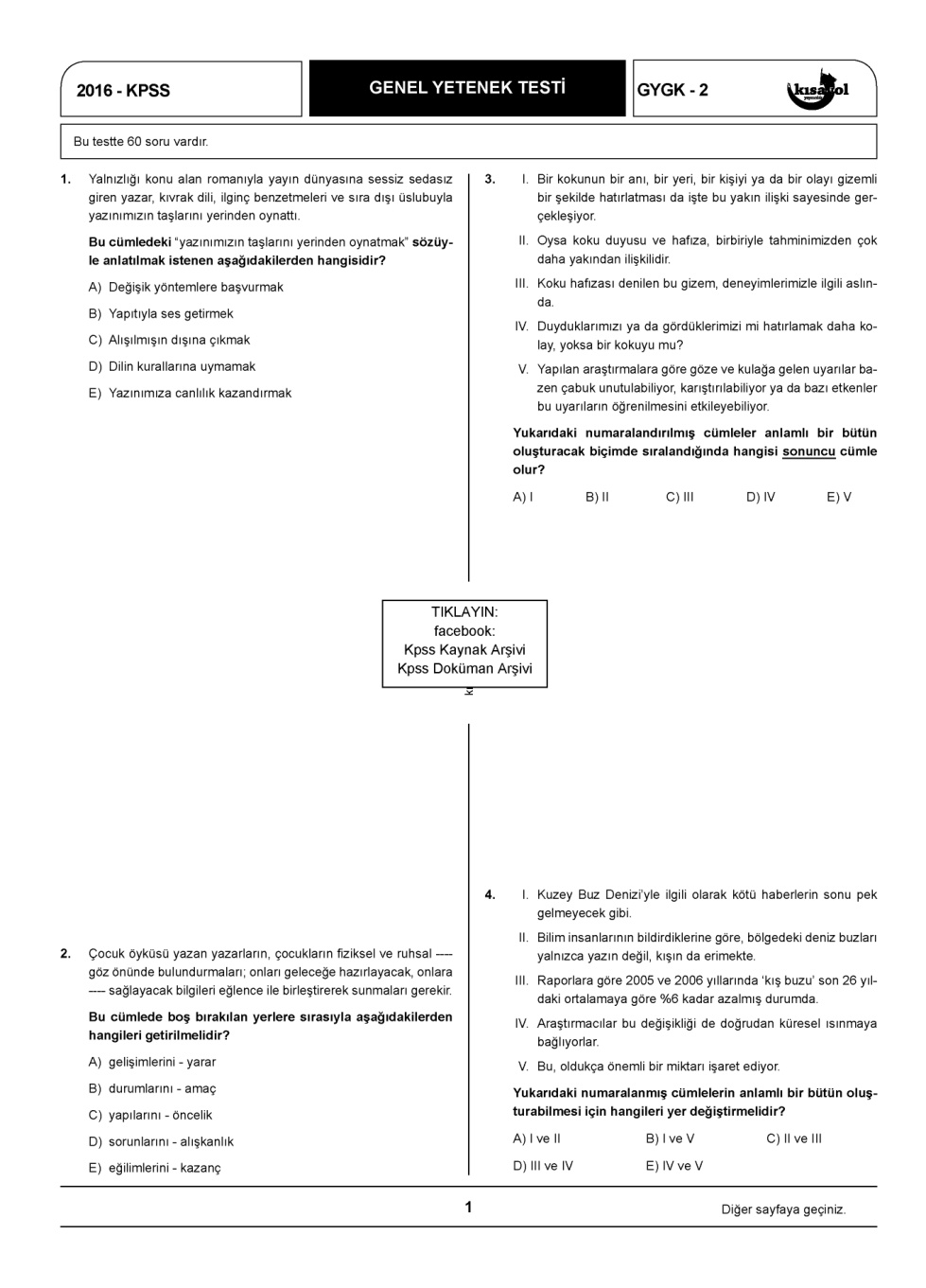 Kısayol 2016 TG-2: Genel Kültür Genel Yetenek PDF – Kısayol Komisyon