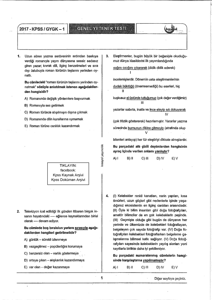 Kısayol 2017 TG-1: Genel Kültür Genel Yetenek PDF – Kısayol Komisyon