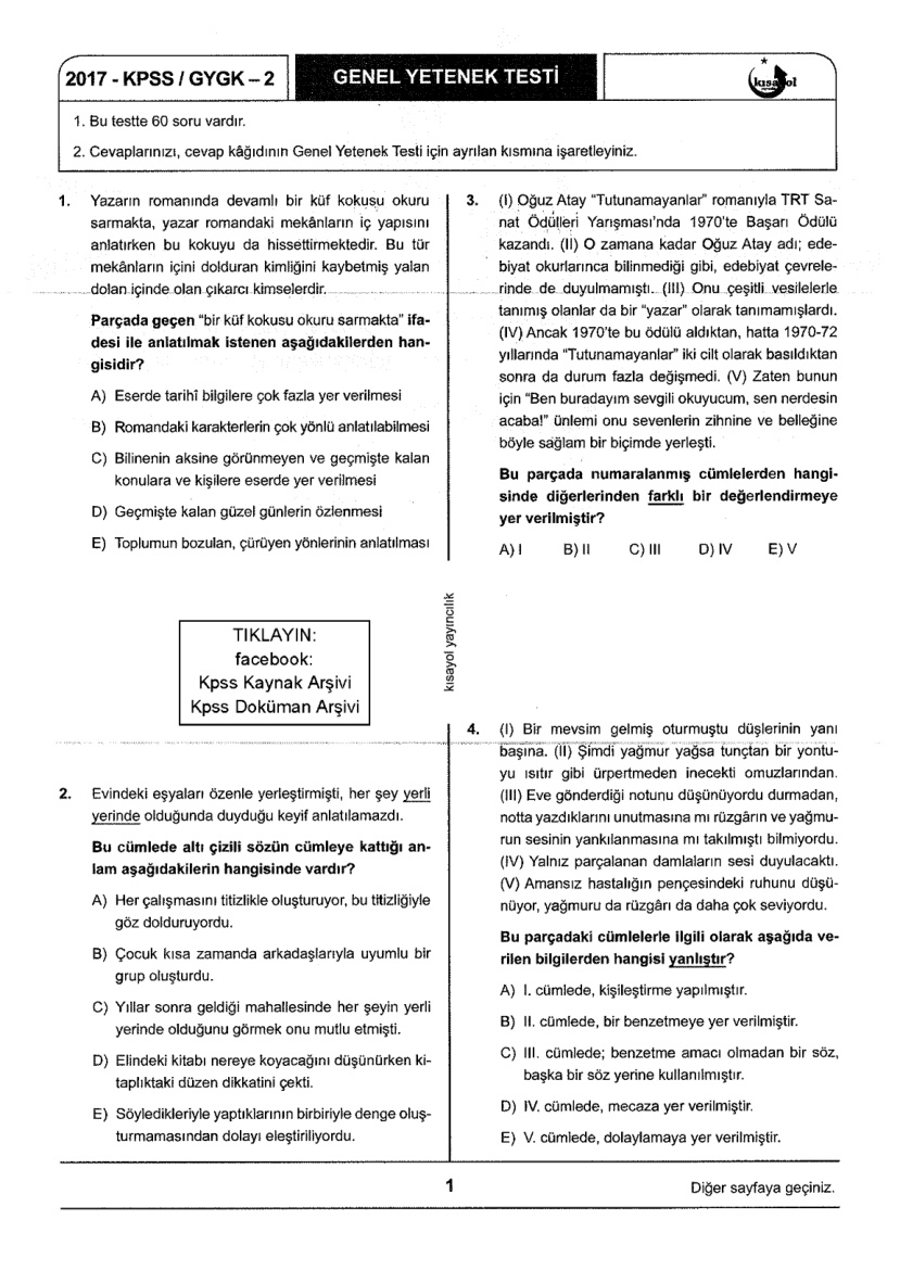 Kısayol 2017 TG-2: Genel Kültür Genel Yetenek PDF – Kısayol Komisyon