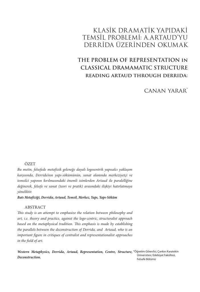Klasik Dramatik Yapıdaki Temsil Problemi: Artaud’yu Derrida Üzerinden Okumak PDF – Akademik Araştırma / Makale