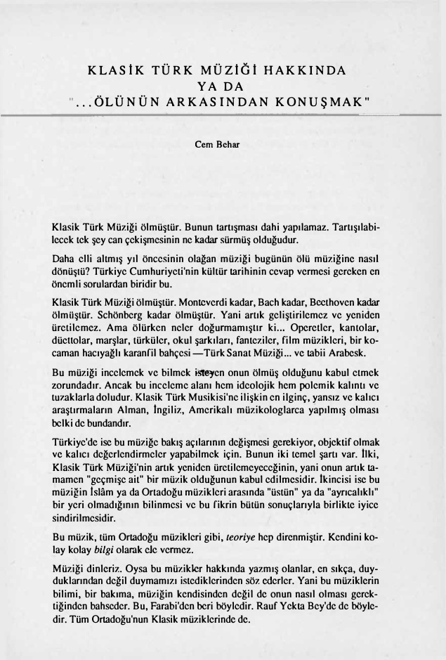 Klasik Türk Müziği Üzerine Tartışmalar ya da ‘Ölünün Arkasından Konuşmak’ PDF – Cem Behar