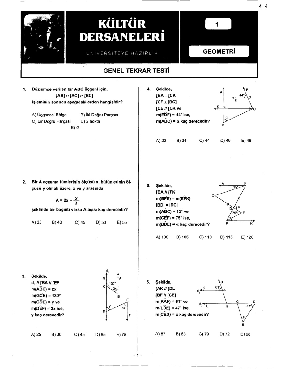 Kültür Dershaneleri Geometri Genel Tekrar Testi PDF – Kültür Yayınları Komisyon