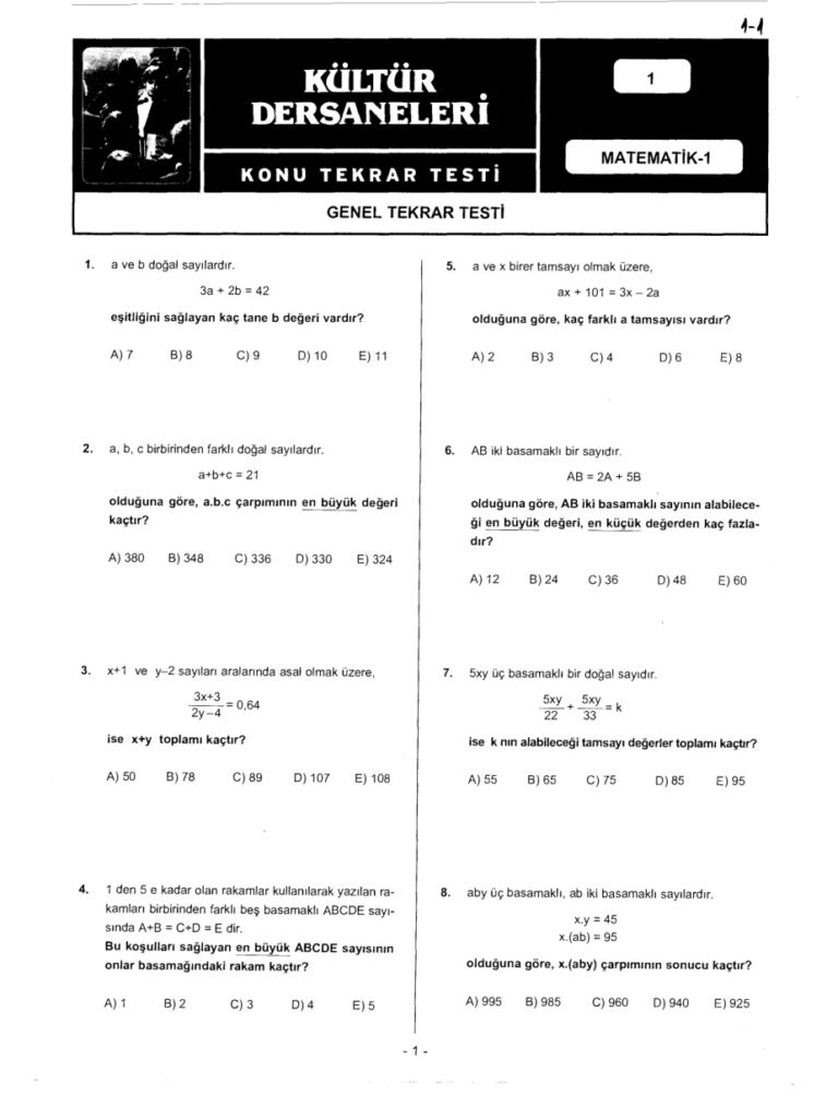 KltrDershaneleri MatematikGenelTekrarTesti1 Kitap Kapağı