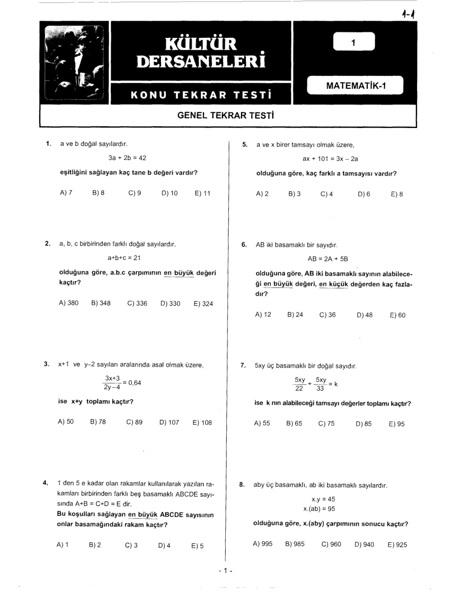 Kültür Dershaneleri Matematik Genel Tekrar Testi 1 PDF – Kültür Yayınları Komisyon