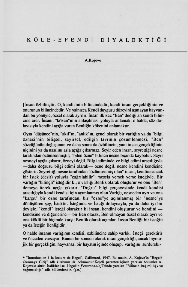 Köle-Efendi Diyalektiği PDF – Alexandre Kojève