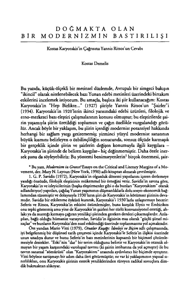 Doğmakta Olan Bir Modernizmin Bastırılışı PDF – Kostas Demelis