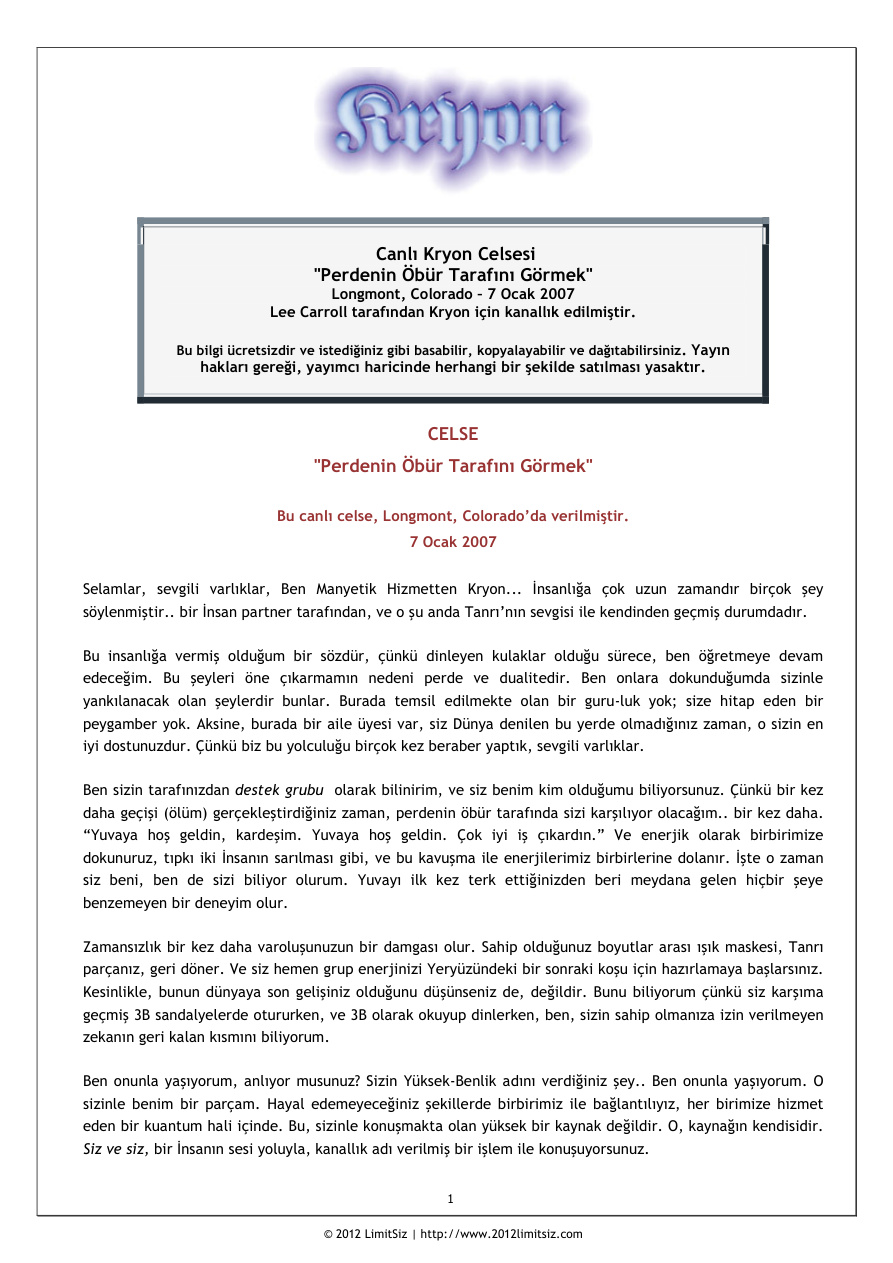 Perdenin Öbür Tarafını Görmek PDF – Lee Carroll / Kryon