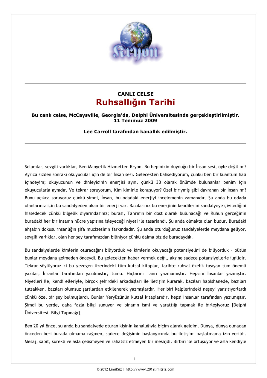 Ruhsallık Tarihi PDF – Lee Carroll / Kryon