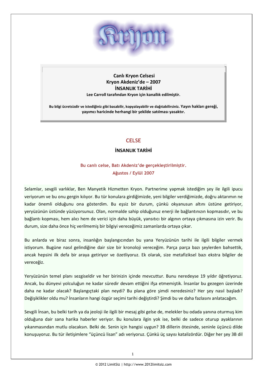 İnsanlık Tarihi PDF – Lee Carroll / Kryon