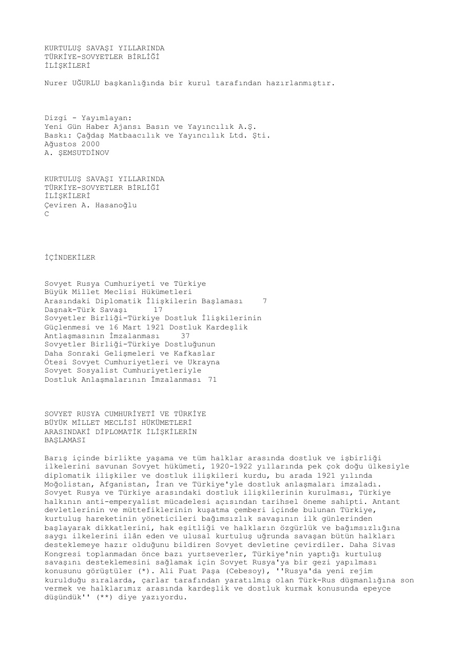Kurtuluş Savaşı Yıllarında Türk-Sovyet İlişkileri PDF – Kolektif / Araştırma