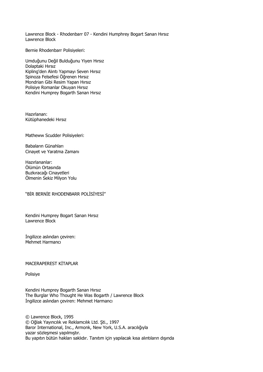 Kendini Humphrey Bogart Sanan Hırsız PDF – Lawrence Block