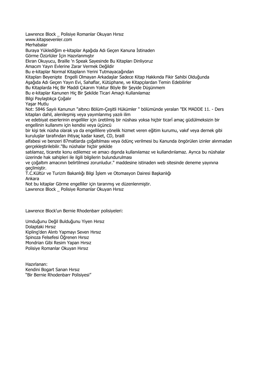 Polisiye Romanlar Okuyan Hırsız PDF – Lawrence Block
