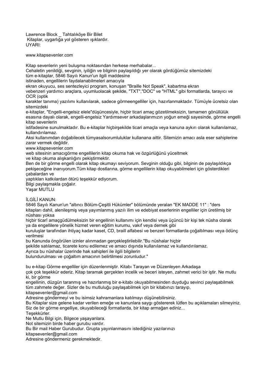 Tahtalıköye Bir Bilet PDF – Lawrence Block