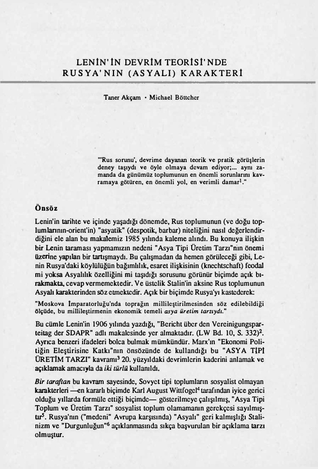 Lenin’in Devrim Teorisinde Rusya’nın (Asyalı) Karakteri PDF – Taner Akçam & Michael Böttcher