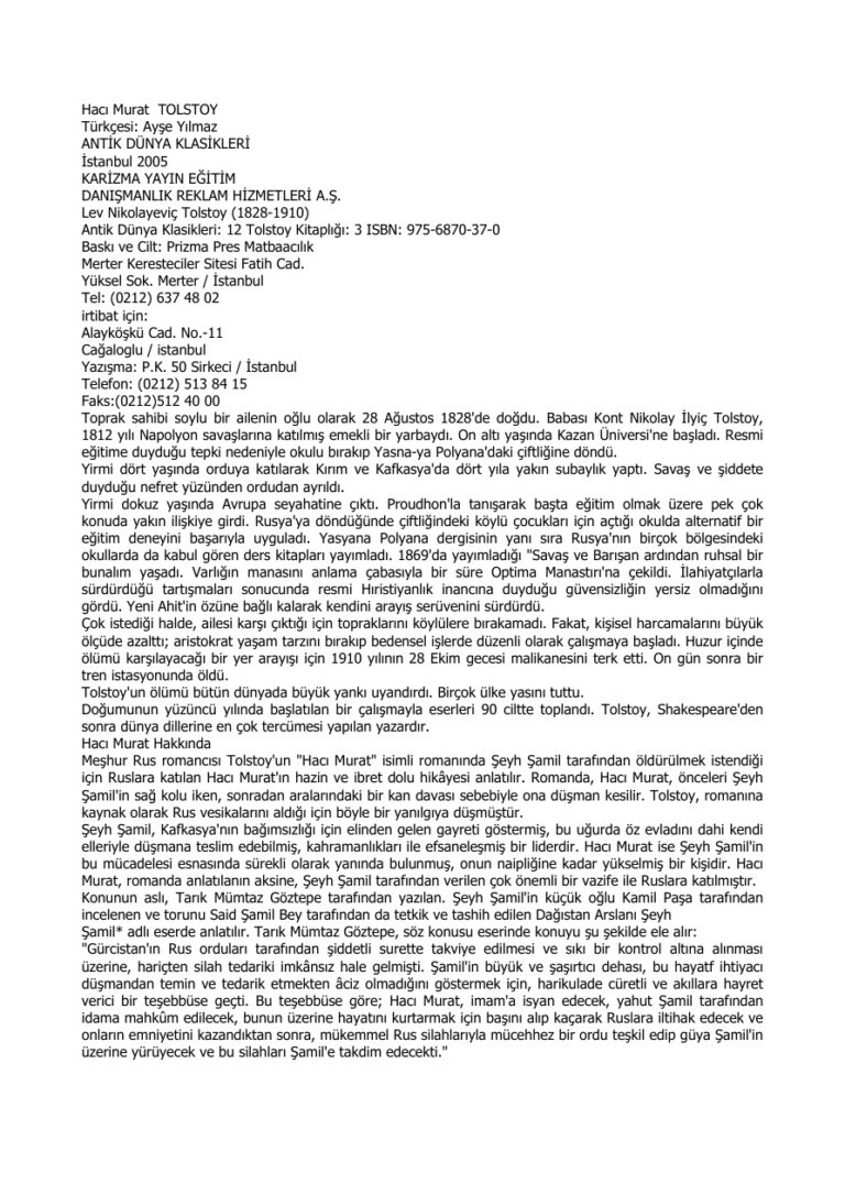 Lev Nikolayevic Tolstoy Hacı Murat Kitap Kapağı