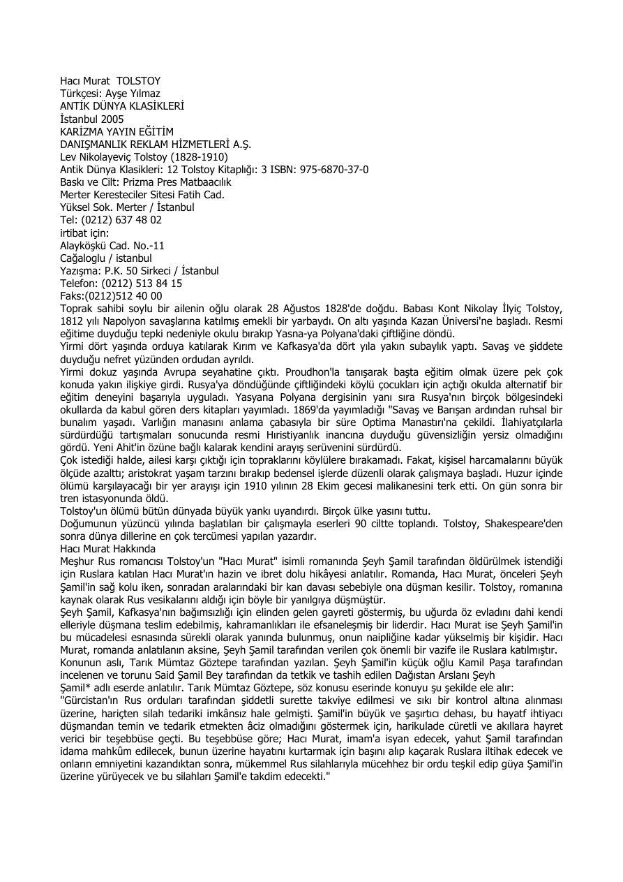 Lev Nikolayevic Tolstoy Hacı Murat Kitap Kapağı