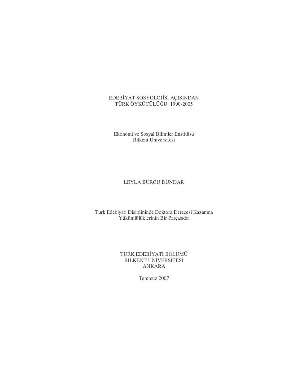 Edebiyat Sosyolojisi Açısından Türk Öykücülüğü 1990 – 2005 PDF – Leyla Burcu Dündar
