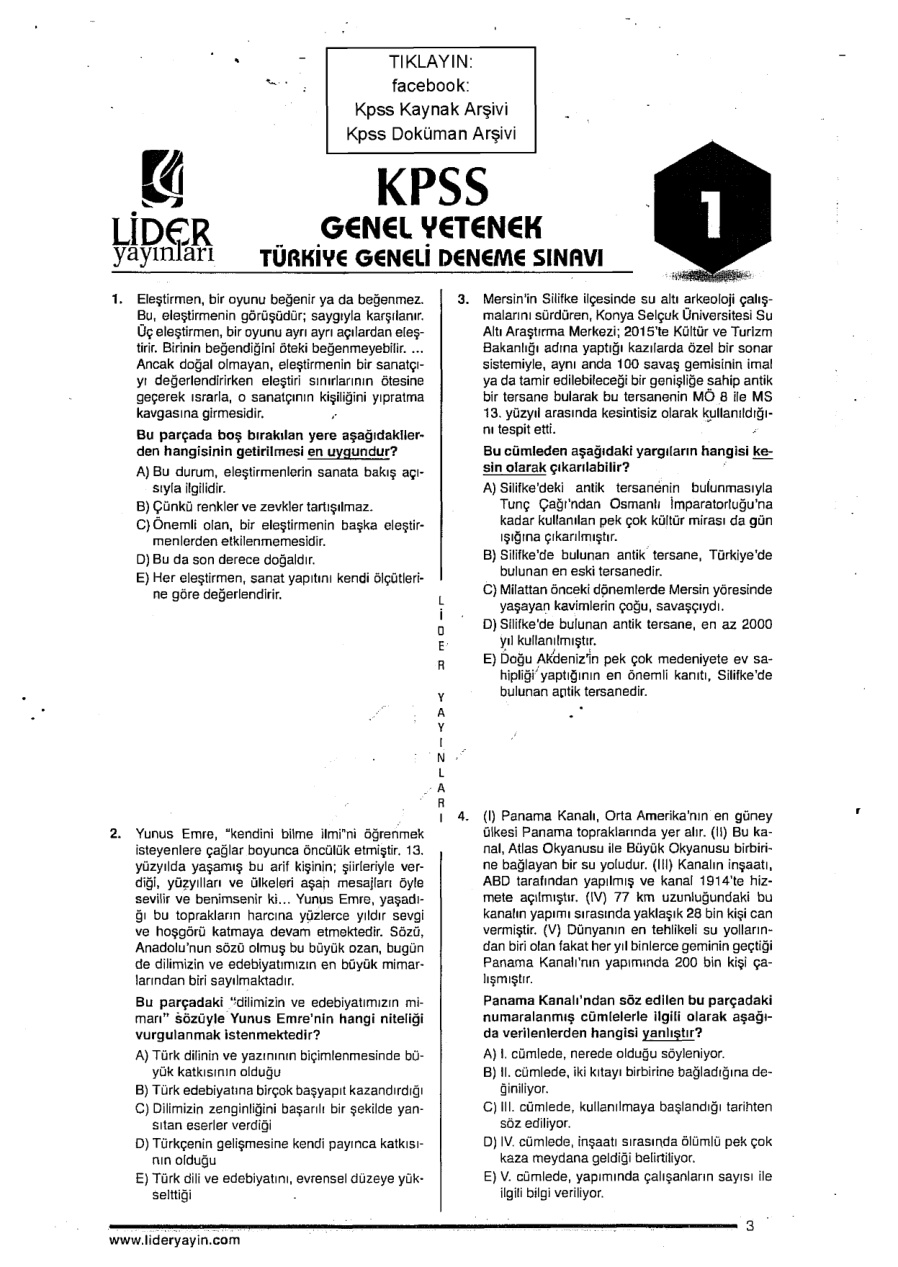 Lider 2016 TG 1: Genel Yetenek Genel Kültür PDF – Kolektif
