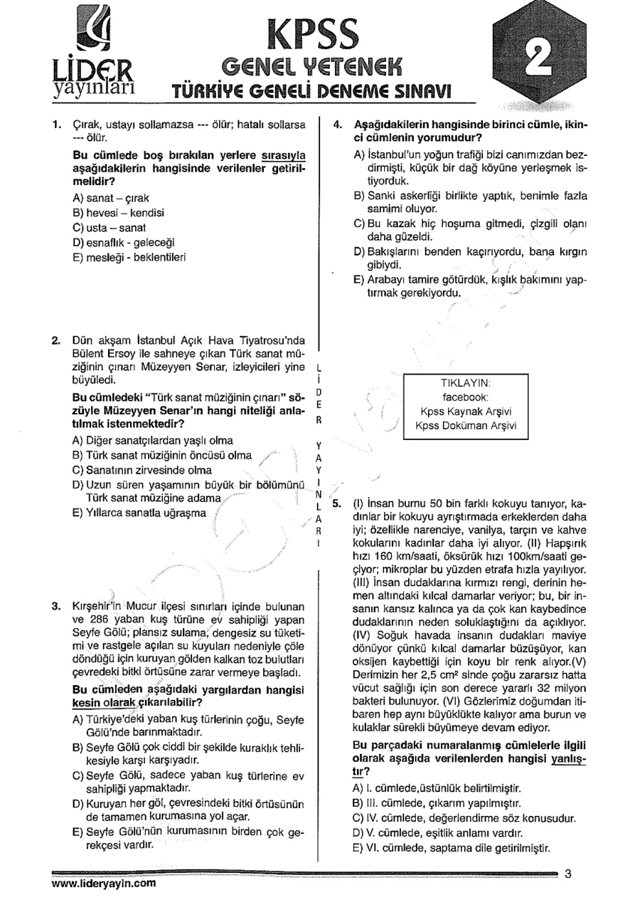 Lider 2016 Türkiye Geneli Deneme 2: Genel Yetenek Genel Kültür PDF – Lider Yayın Kurulu