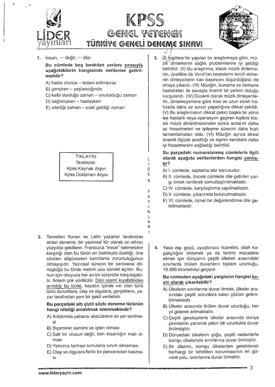 Lider 2016 Türkiye Geneli Deneme 3: Genel Yetenek Genel Kültür PDF – Lider Yayın Kurulu