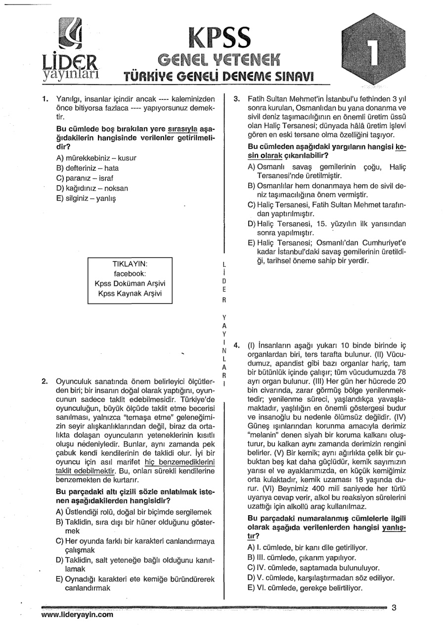Lider 2017 Türkiye Geneli Deneme 1: Genel Yetenek Genel Kültür PDF – Lider Yayın Kurulu