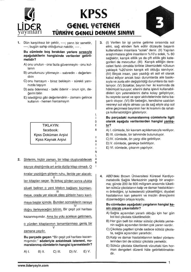 Lider 2017 Türkiye Geneli Deneme 3: Genel Yetenek Genel Kültür PDF – Lider Yayın Kurulu