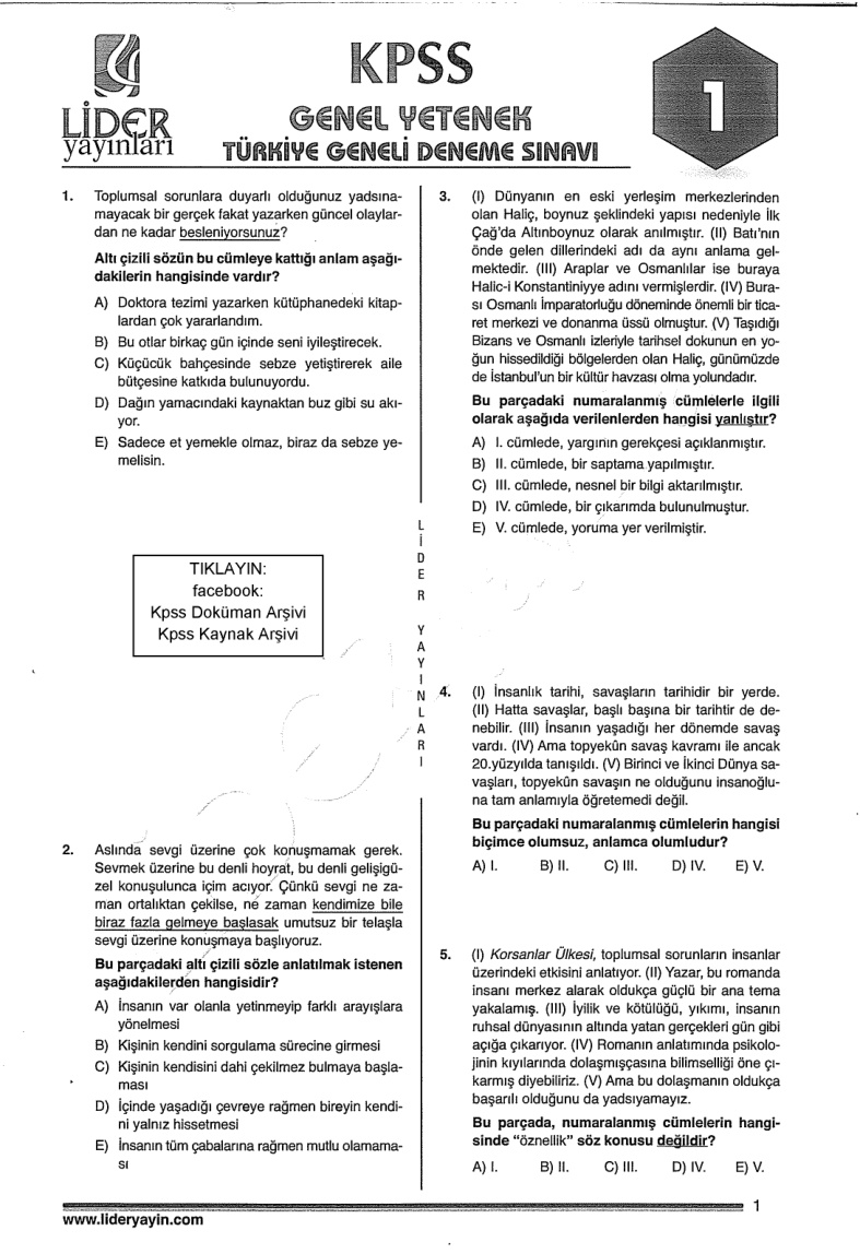 Lider 2018 Türkiye Geneli Deneme 1: Genel Yetenek Genel Kültür PDF – Lider Yayın Kurulu