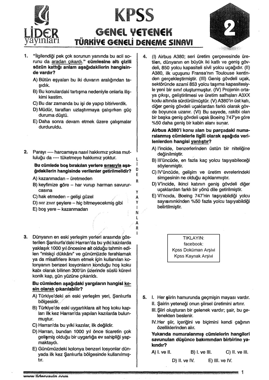 Lider 2018 Türkiye Geneli Deneme 2: Genel Yetenek Genel Kültür PDF – Lider Yayın Kurulu