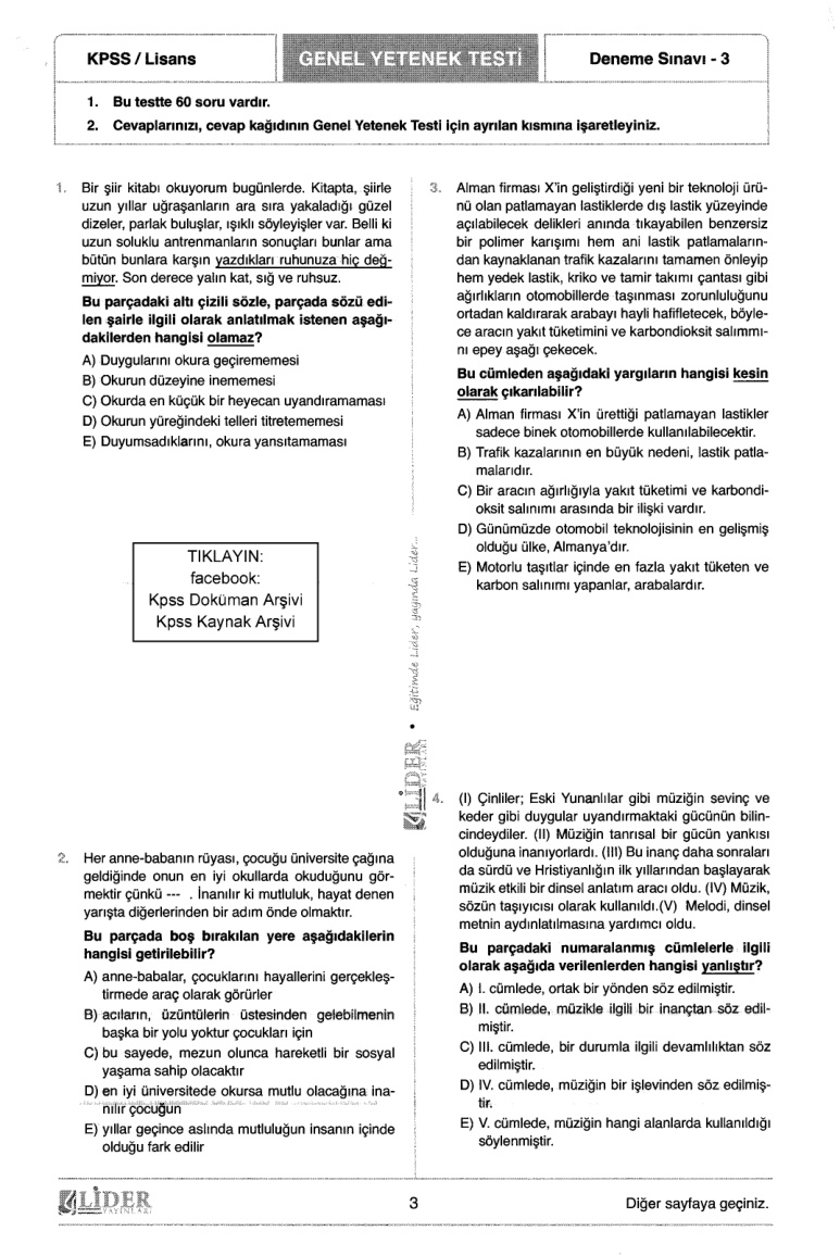 Lider 2018 Türkiye Geneli Deneme 3: Genel Yetenek Genel Kültür PDF – Lider Yayın Kurulu