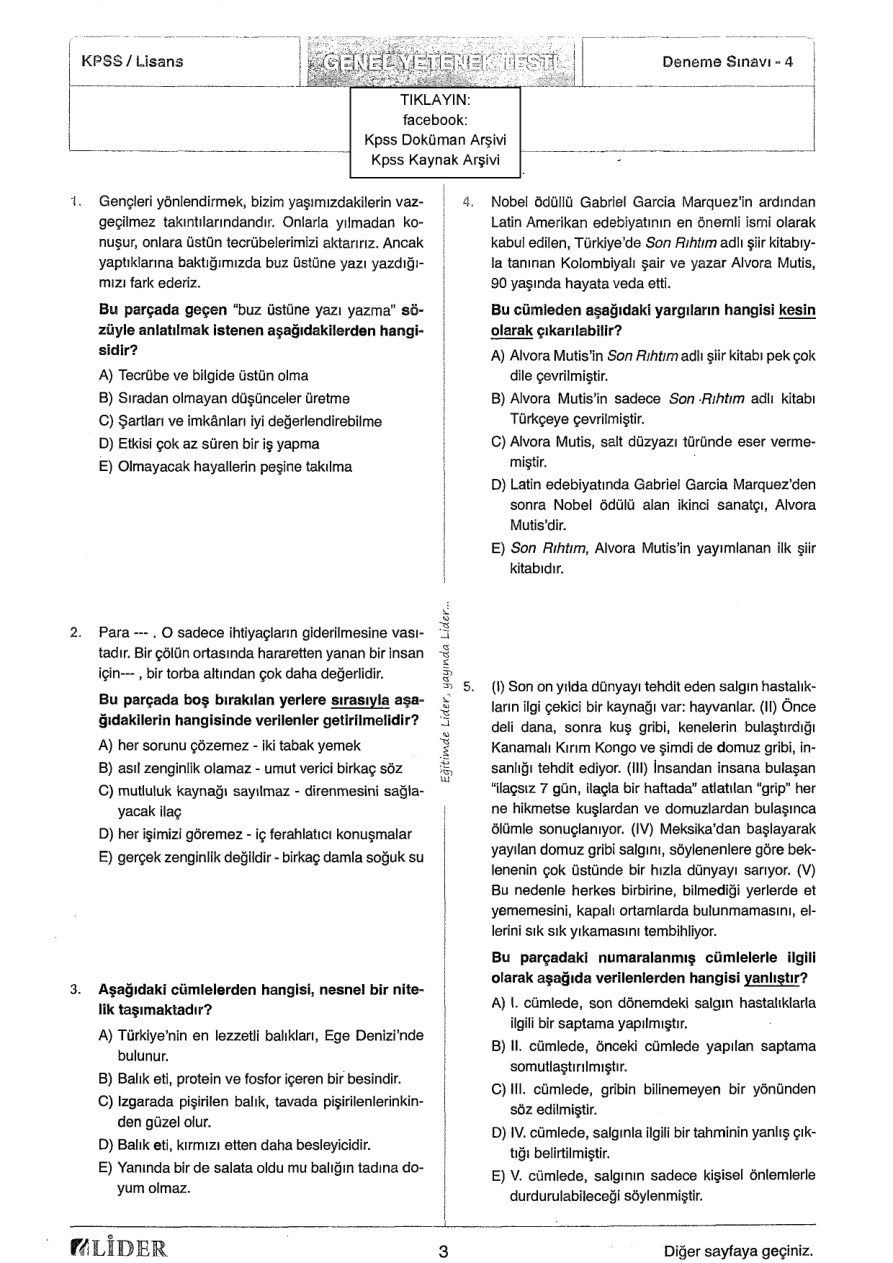 Lider 2018 Türkiye Geneli Deneme 4: Genel Yetenek Genel Kültür PDF – Lider Yayın Kurulu