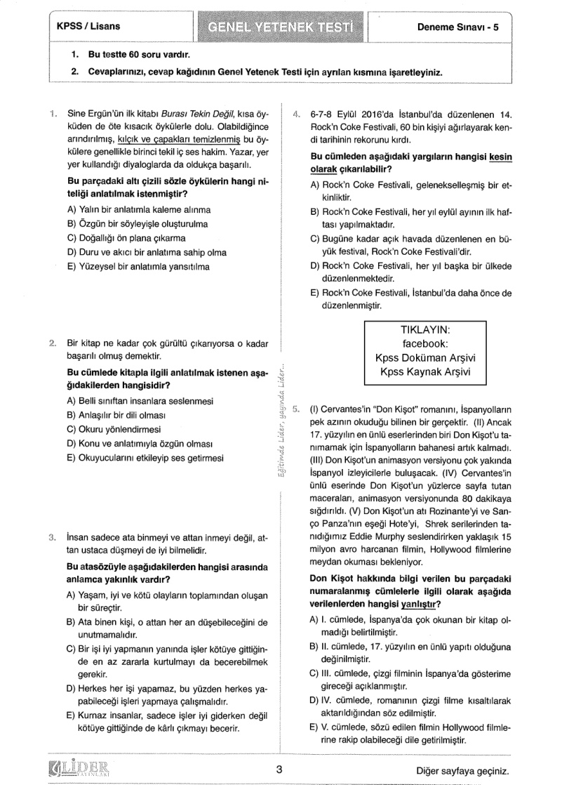 Lider 2018 Türkiye Geneli Deneme 5: Genel Yetenek Genel Kültür PDF – Lider Yayın Kurulu