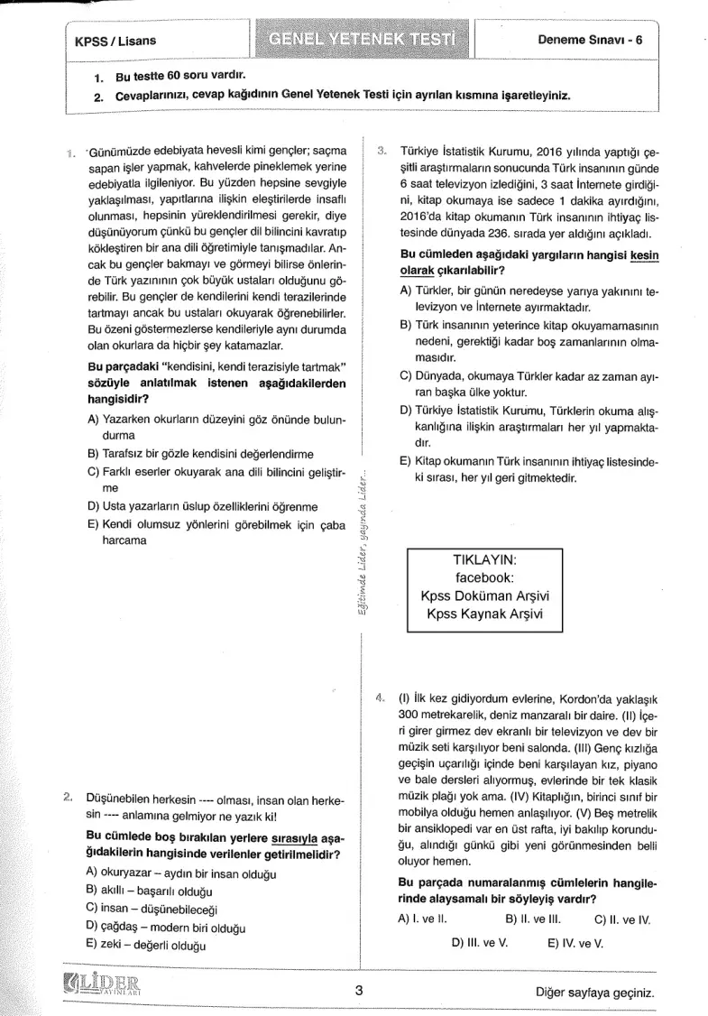 Lider 2018 Türkiye Geneli Deneme 6: Genel Yetenek Genel Kültür PDF – Lider Yayın Kurulu