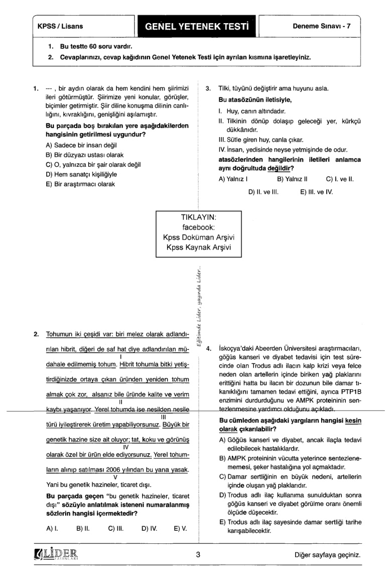 Lider 2018 Türkiye Geneli Deneme 7: Genel Yetenek Genel Kültür PDF – Lider Yayın Kurulu