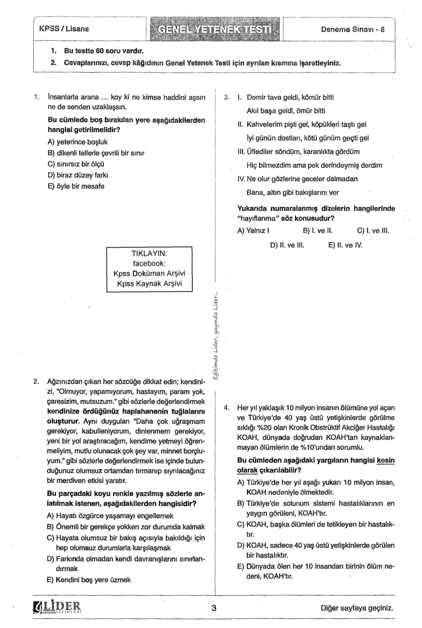 Lider 2018 Türkiye Geneli Deneme 8: Genel Yetenek Genel Kültür PDF – Lider Yayın Kurulu