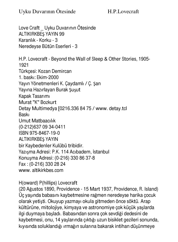 Uyku Duvarının Ötesinde PDF – H.P. Lovecraft